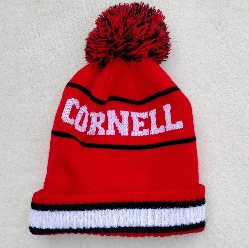 Cornell University Red Striped Knit Beanie Adult One Size Pom Embroidered Logo - Picture 2 of 6